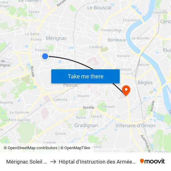 Mérignac Soleil (Porte 4) to Hôptal d'Instruction des Armées Robert Picqué map