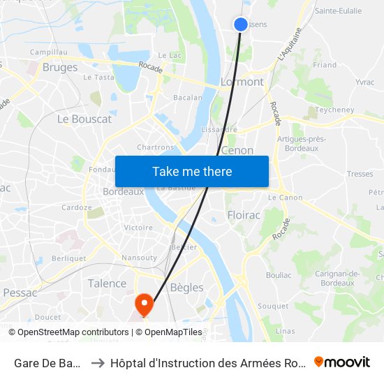 Gare De Bassens to Hôptal d'Instruction des Armées Robert Picqué map