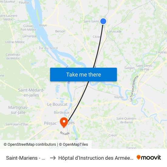 Saint-Mariens - Saint-Yzan to Hôptal d'Instruction des Armées Robert Picqué map