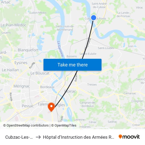 Cubzac-Les-Ponts to Hôptal d'Instruction des Armées Robert Picqué map