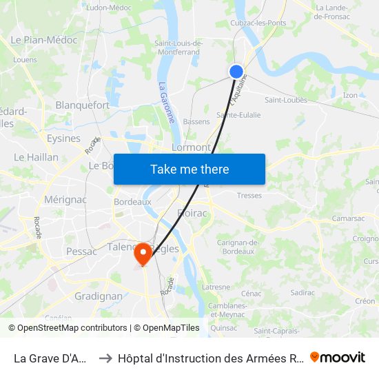 La Grave D'Ambarès to Hôptal d'Instruction des Armées Robert Picqué map