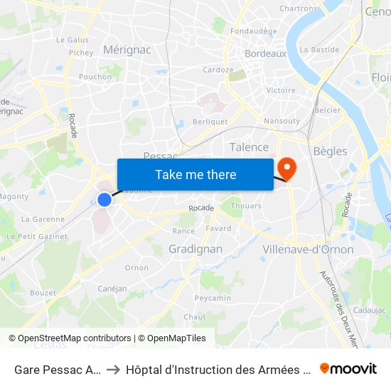 Gare Pessac Alouette to Hôptal d'Instruction des Armées Robert Picqué map