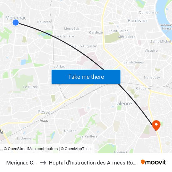 Mérignac Centre to Hôptal d'Instruction des Armées Robert Picqué map
