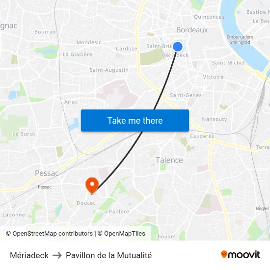 Mériadeck to Pavillon de la Mutualité map