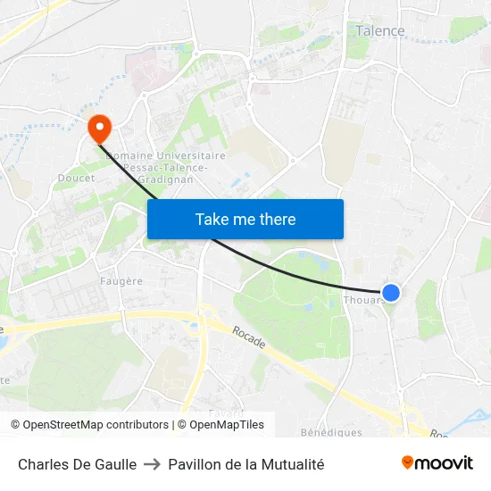 Charles De Gaulle to Pavillon de la Mutualité map