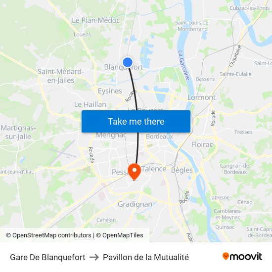 Gare De Blanquefort to Pavillon de la Mutualité map