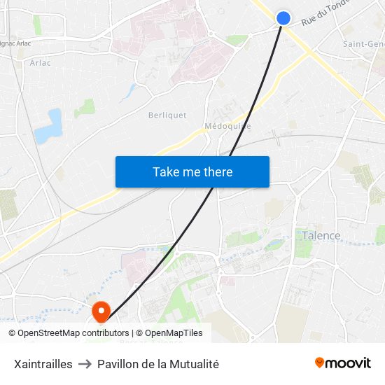 Xaintrailles to Pavillon de la Mutualité map