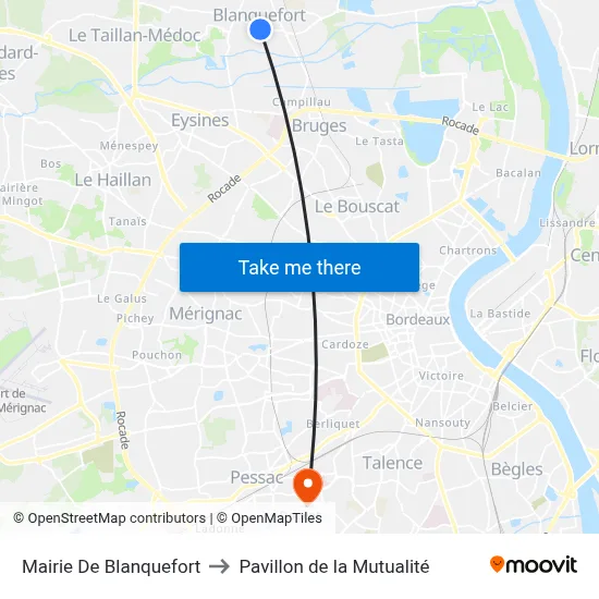 Mairie De Blanquefort to Pavillon de la Mutualité map