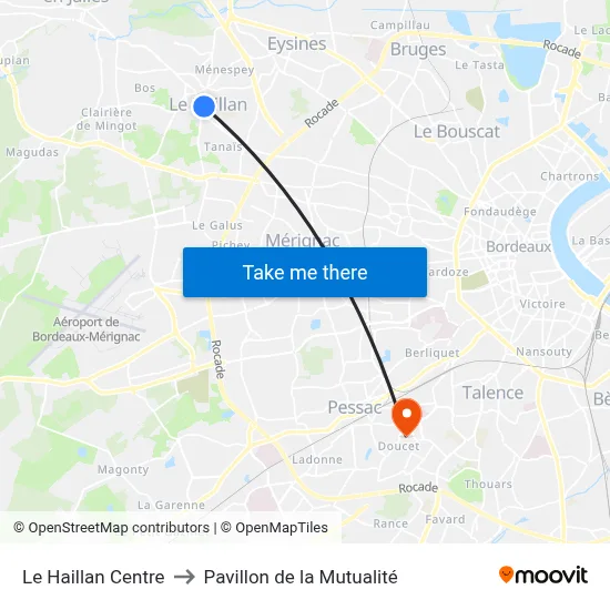 Le Haillan Centre to Pavillon de la Mutualité map