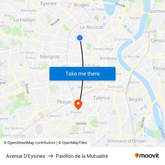 Avenue D'Eysines to Pavillon de la Mutualité map