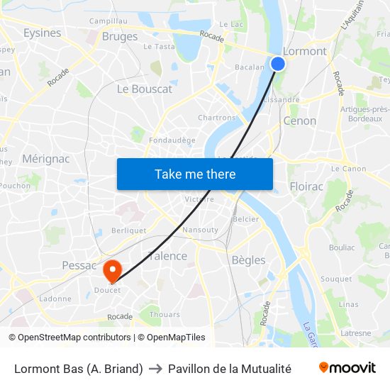 Lormont Bas (A. Briand) to Pavillon de la Mutualité map