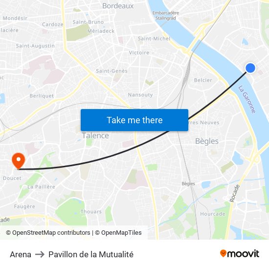 Arena to Pavillon de la Mutualité map