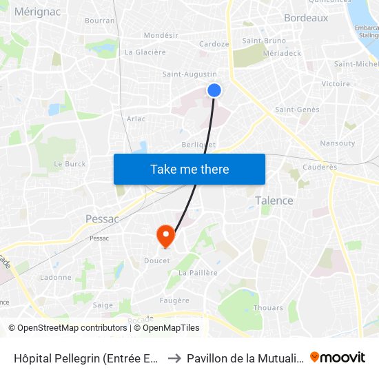 Hôpital Pellegrin (Entrée Est) to Pavillon de la Mutualité map