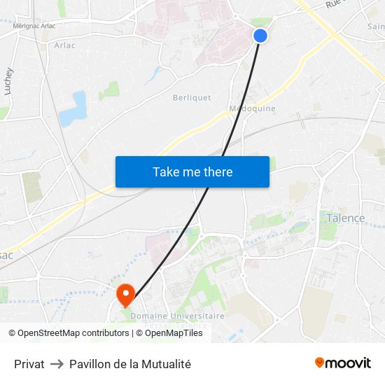 Privat to Pavillon de la Mutualité map