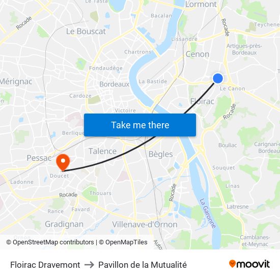 Floirac Dravemont to Pavillon de la Mutualité map
