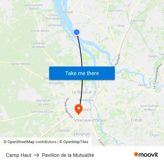 Camp Haut to Pavillon de la Mutualité map