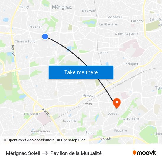 Mérignac Soleil to Pavillon de la Mutualité map