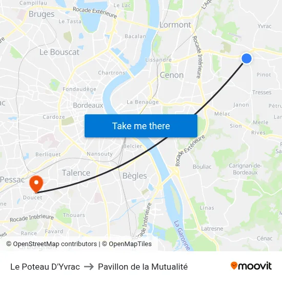 Le Poteau D'Yvrac to Pavillon de la Mutualité map