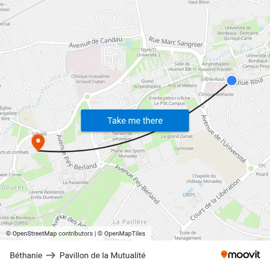 Béthanie to Pavillon de la Mutualité map