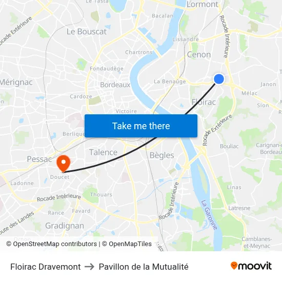 Floirac Dravemont to Pavillon de la Mutualité map