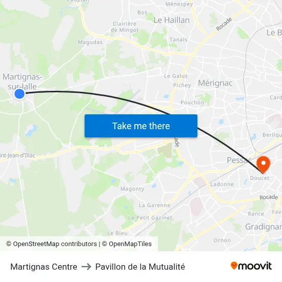 Martignas Centre to Pavillon de la Mutualité map