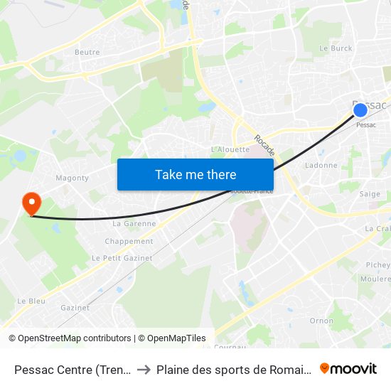 Pessac Centre (Trendel) to Plaine des sports de Romainville map