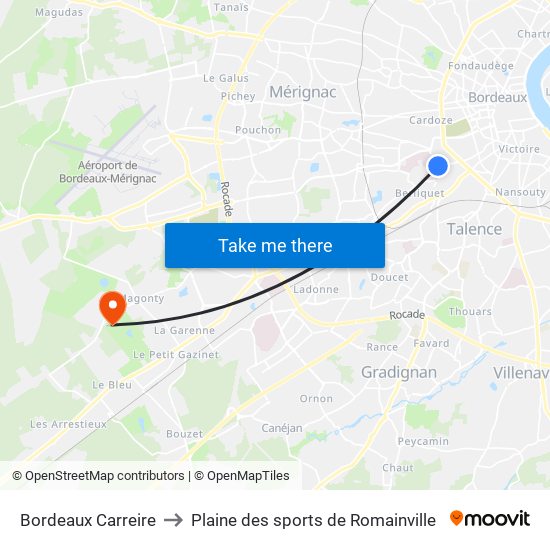 Bordeaux Carreire to Plaine des sports de Romainville map