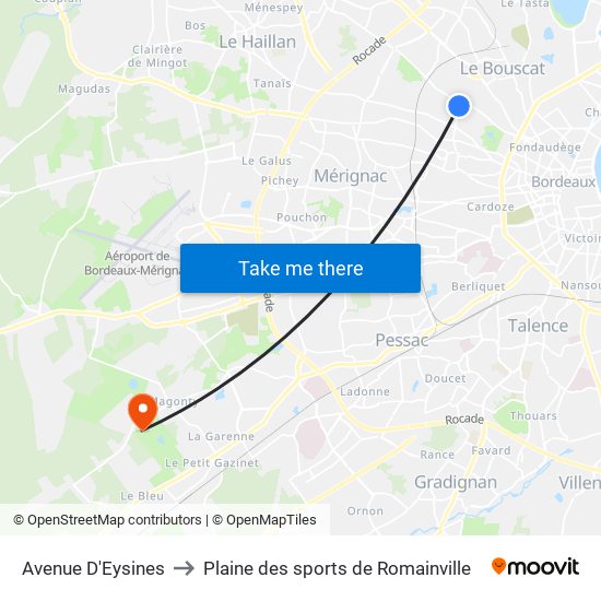 Avenue D'Eysines to Plaine des sports de Romainville map