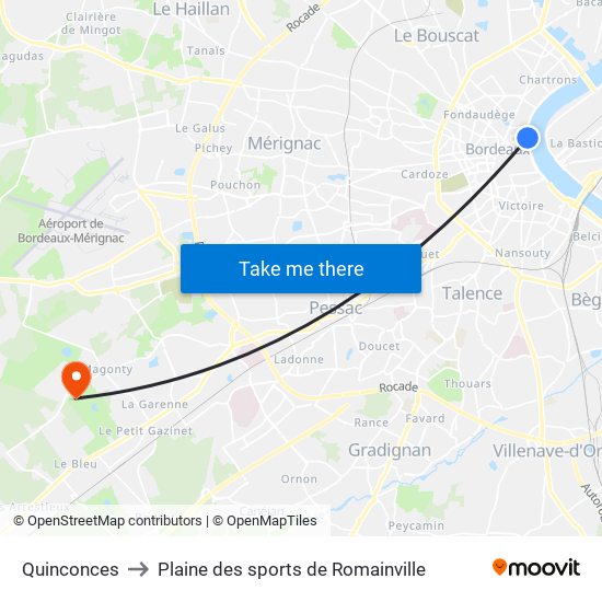 Quinconces to Plaine des sports de Romainville map