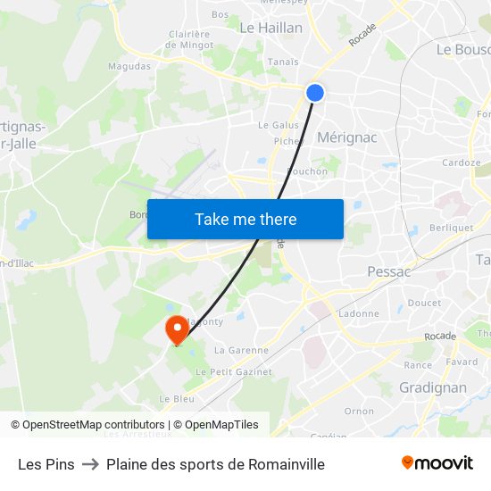 Les Pins to Plaine des sports de Romainville map