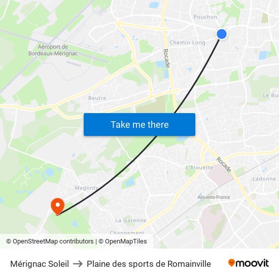 Mérignac Soleil to Plaine des sports de Romainville map