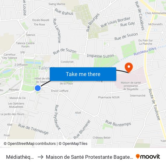 Médiathèque to Maison de Santé Protestante Bagatelle map
