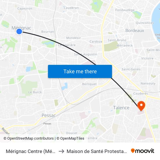 Mérignac Centre (Médiathèque) to Maison de Santé Protestante Bagatelle map