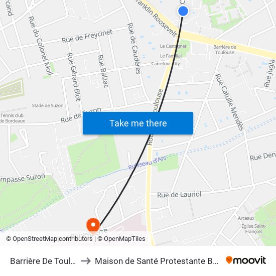 Barrière De Toulouse to Maison de Santé Protestante Bagatelle map