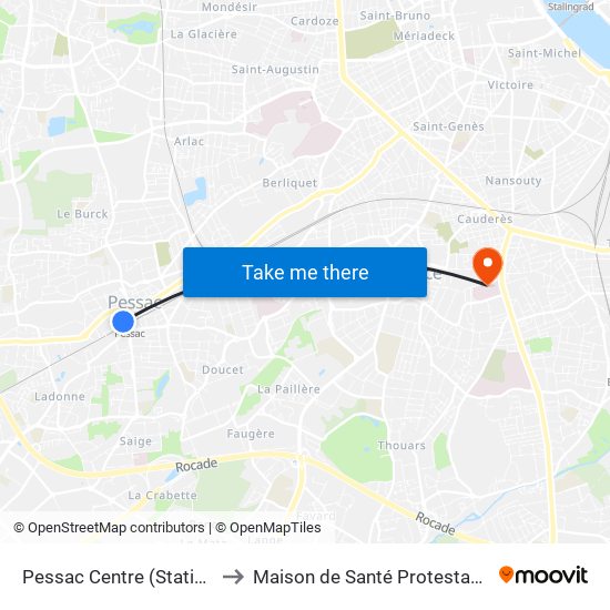 Pessac Centre (Station Tram B) to Maison de Santé Protestante Bagatelle map