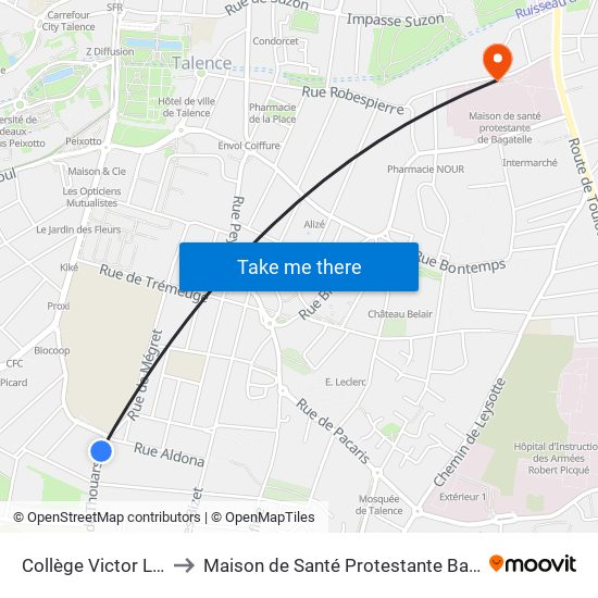 Collège Victor Louis to Maison de Santé Protestante Bagatelle map