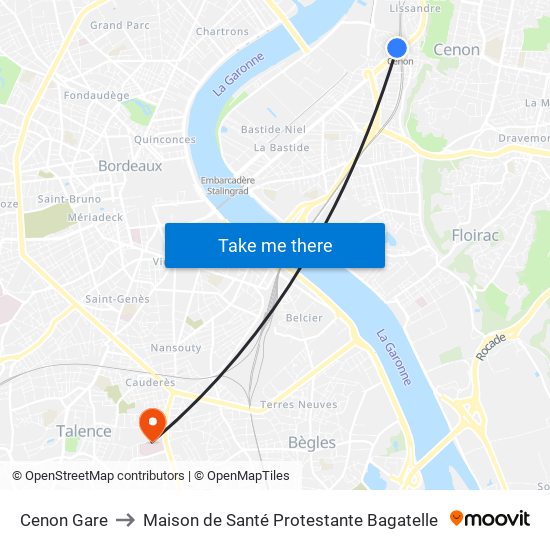 Cenon Gare to Maison de Santé Protestante Bagatelle map