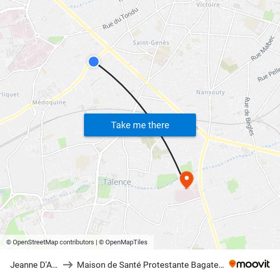 Jeanne D'Arc to Maison de Santé Protestante Bagatelle map