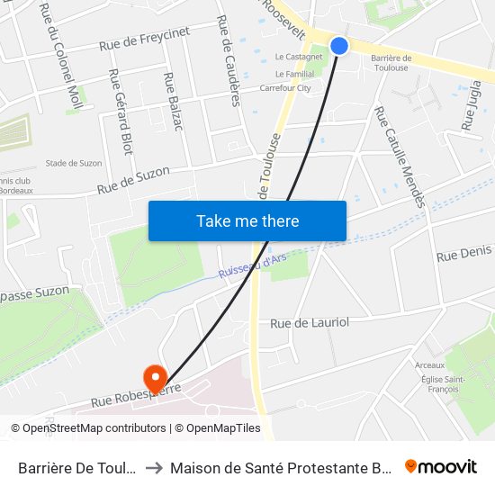 Barrière De Toulouse to Maison de Santé Protestante Bagatelle map
