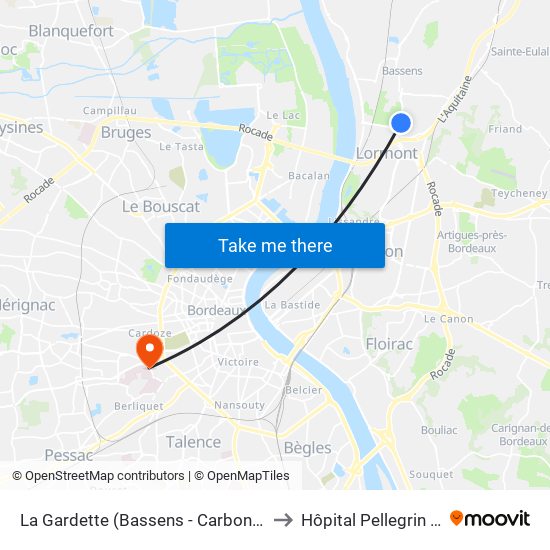 La Gardette (Bassens - Carbon Blanc) to Hôpital Pellegrin CHU map