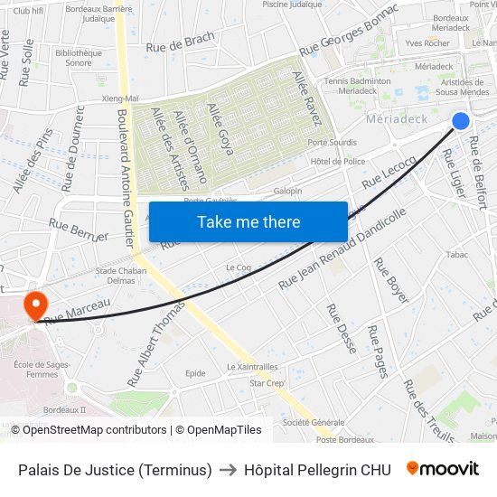 Palais De Justice (Terminus) to Hôpital Pellegrin CHU map