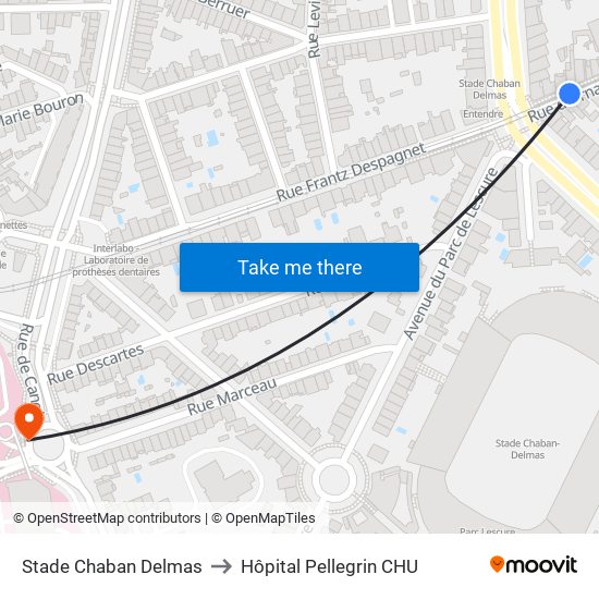 Stade Chaban Delmas to Hôpital Pellegrin CHU map