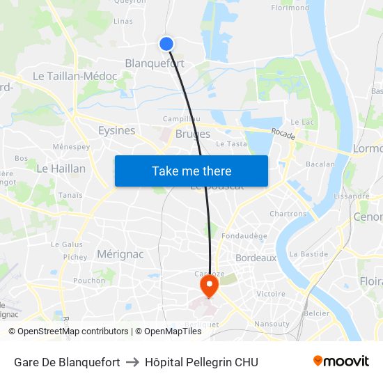 Gare De Blanquefort to Hôpital Pellegrin CHU map