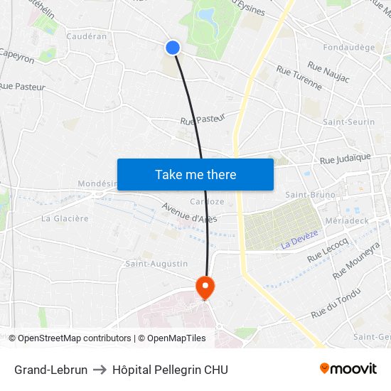 Grand-Lebrun to Hôpital Pellegrin CHU map