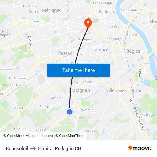 Beausoleil to Hôpital Pellegrin CHU map