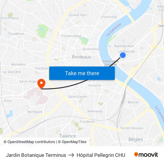 Jardin Botanique Terminus to Hôpital Pellegrin CHU map