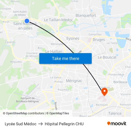 Lycée Sud Médoc to Hôpital Pellegrin CHU map