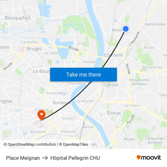 Place Meignan to Hôpital Pellegrin CHU map