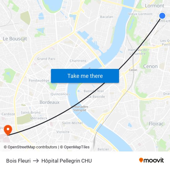 Bois Fleuri to Hôpital Pellegrin CHU map