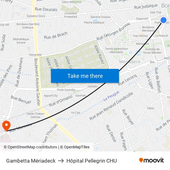 Gambetta Mériadeck to Hôpital Pellegrin CHU map